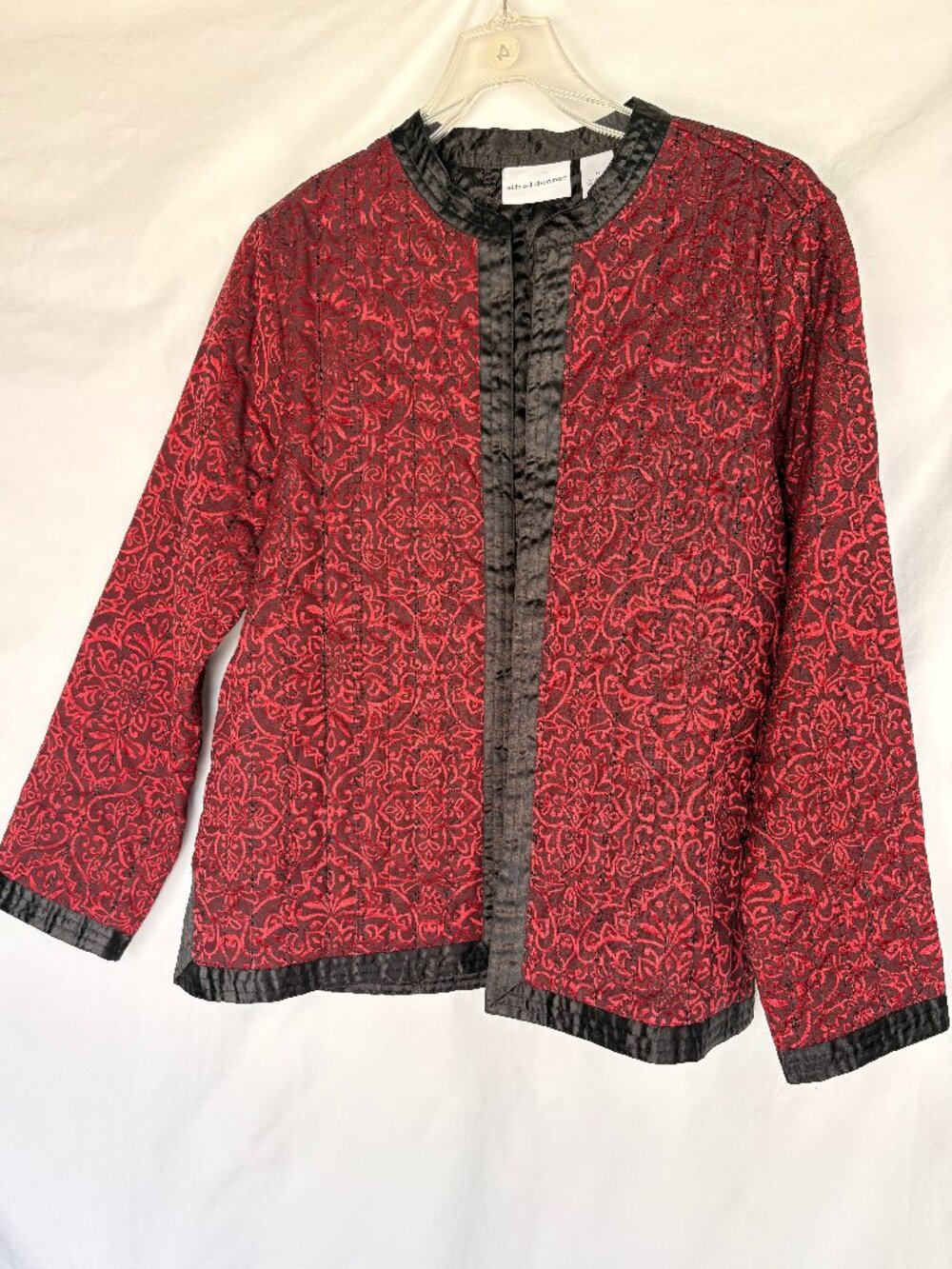 Alfred Dunner - Red Black Damask Embroidered Open Front Jacket - Size 12